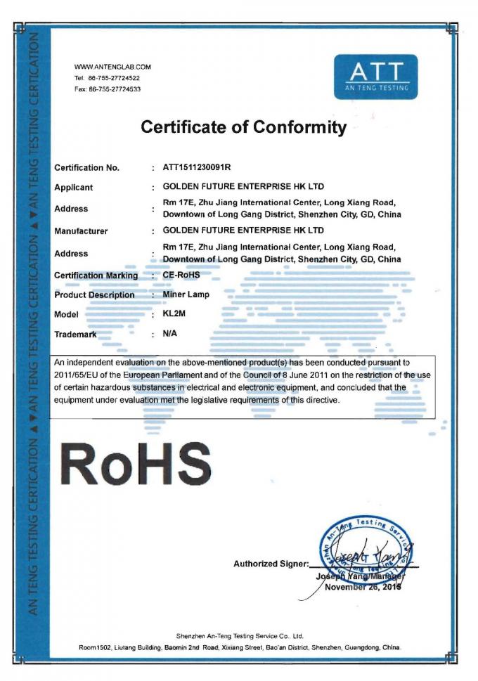 certificado del faro de los mineros/lámpara minera sin cuerda del faro/de casquillo